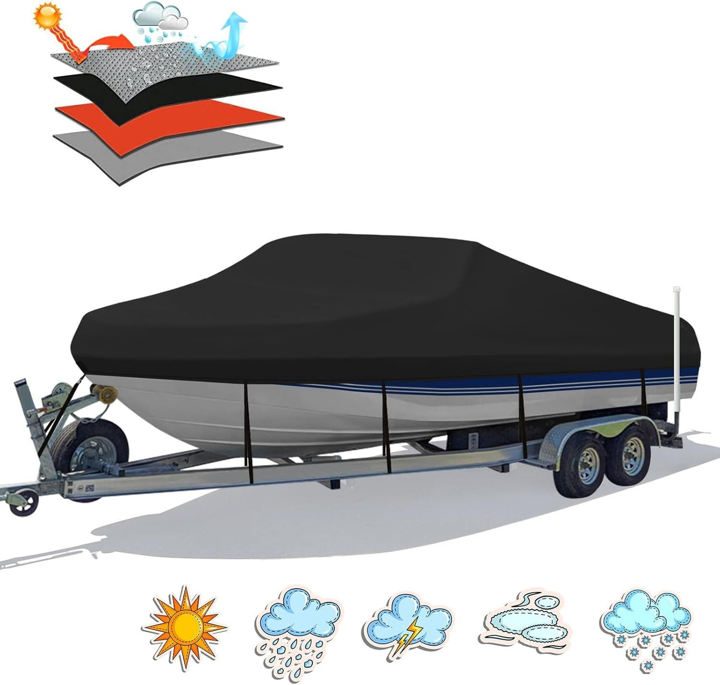 Trailerable Boat Cover – 600DHeavy Duty Waterproof Tarp with Storage Bag, Designed for V-Hull, Fish & Ski, Runabout, Bass & Fishing Boats,11-13FTSilver