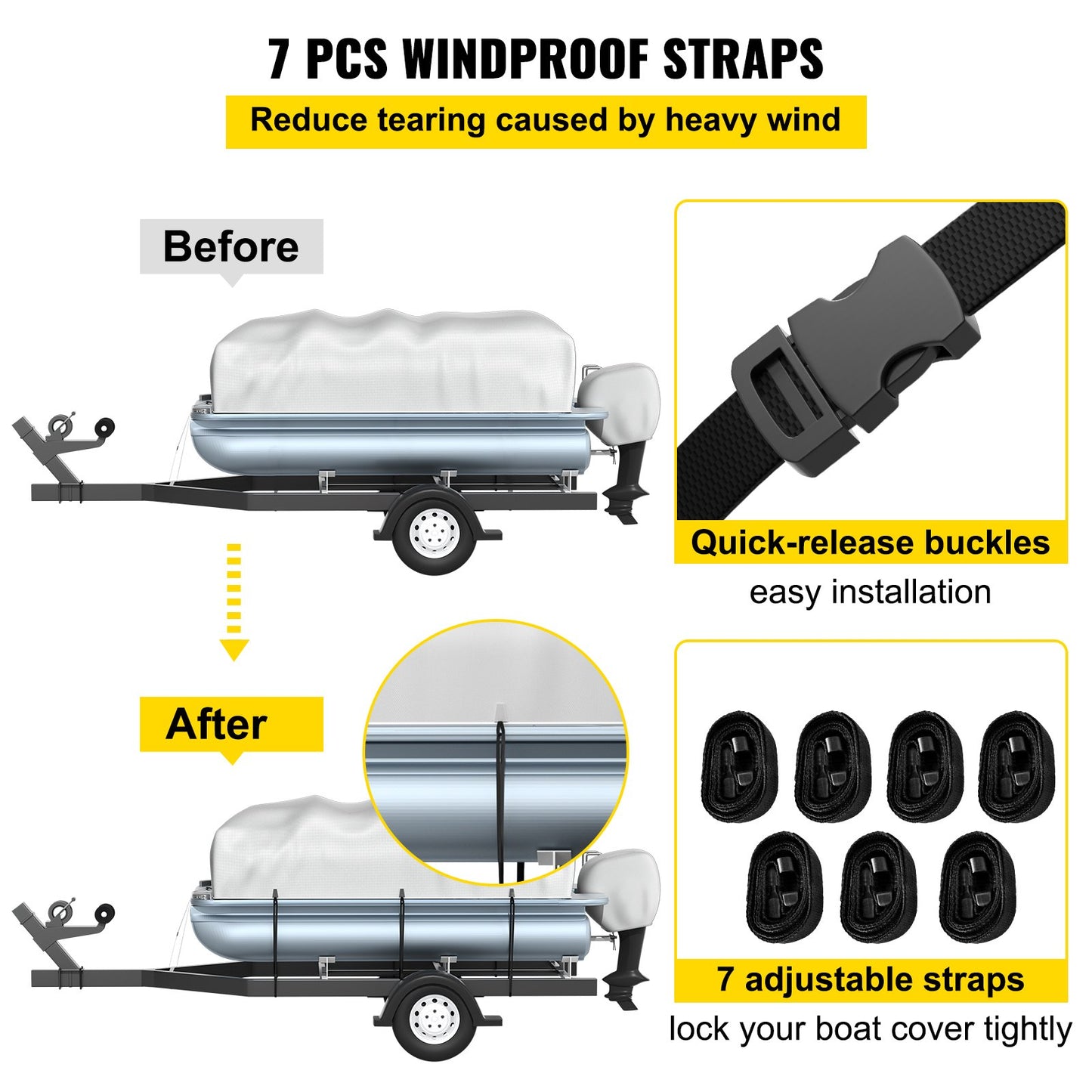 VEVOR Pontoon Boat Cover, Fit for 17\'-20\' Boat, Heavy Duty 600D Marine Grade Oxford Fabric, UV Resistant Waterproof Trailerable Boat Cover with 2 Support Poles and 7 Wind-Proof Straps, Gray