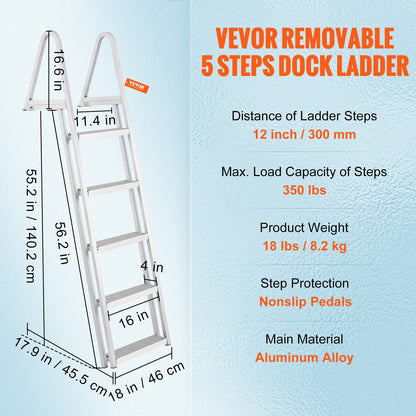 VEVOR Removable Dock Ladder 5 Steps, 159 kg Load Capacity, Pontoon Boat Ladder with 4'' Wide Step & Nonslip Design for Ship/Lake/Pool/Marine Boarding