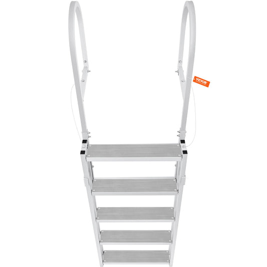 VEVOR Dock Ladder, Retractable 5 Steps, 350 lbs Load Capacity, Aluminum Alloy Pontoon Boat Ladder with 66.9''-78.9'' Adjustable Height, 4'' Wide Step & Mat, for Ship/Lake/Pool/Marine Boarding