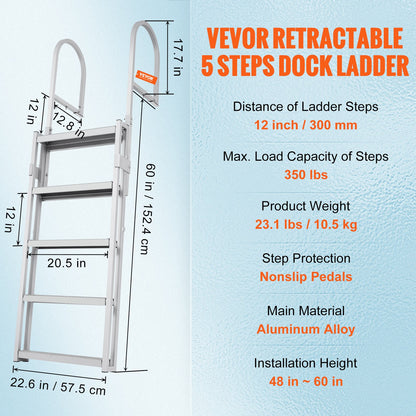 VEVOR Dock Ladder, Retractable 5 Steps, 350 lbs Load Capacity, Aluminum Alloy Pontoon Boat Ladder with 66.9''-78.9'' Adjustable Height, 4'' Wide Step & Mat, for Ship/Lake/Pool/Marine Boarding