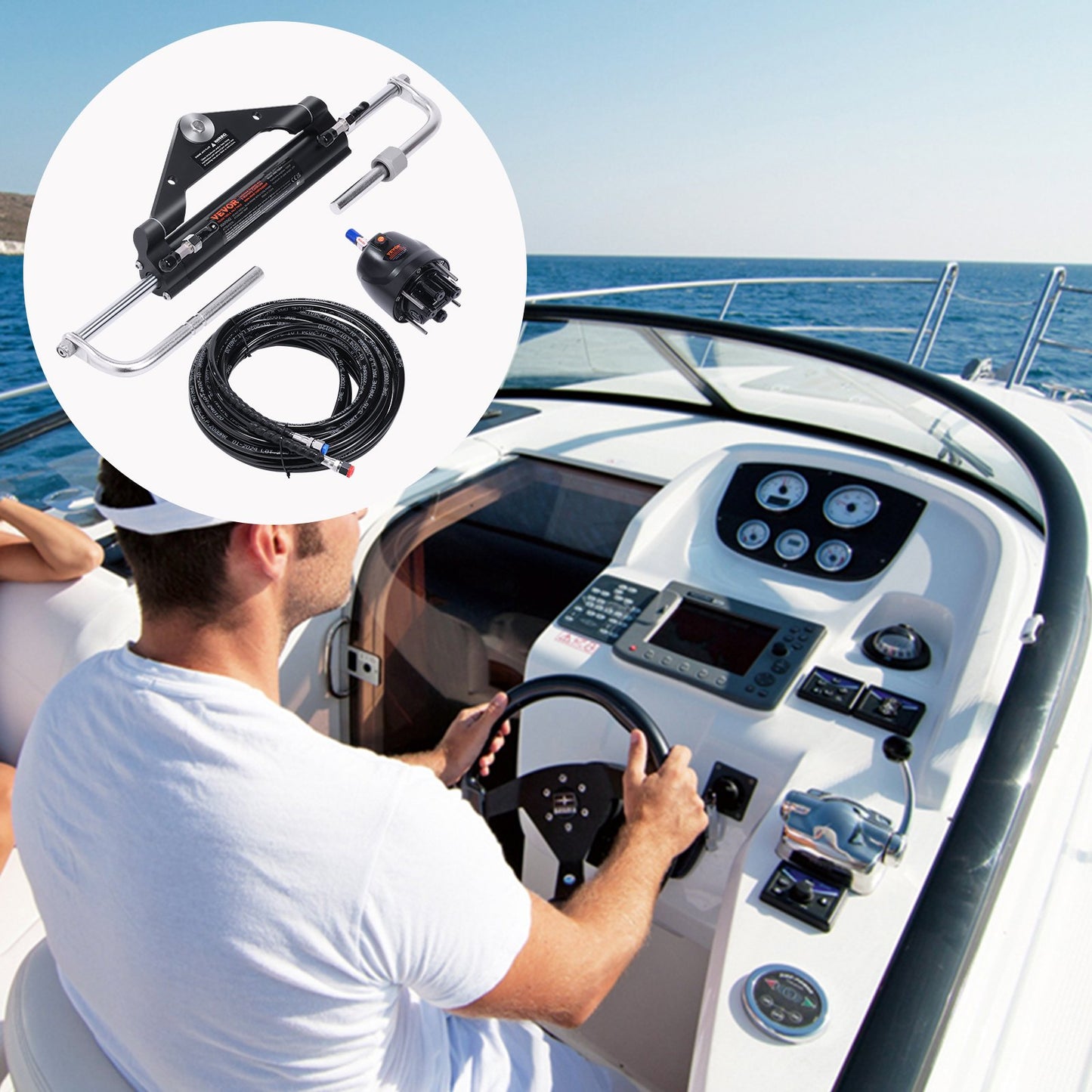 VEVOR 150HP Hydraulic Outboard Steering Kit Boat Marine System, Built-in Two-Way Lock Cylinder, 150HP Pump and High-Strength Nylon Hose for Single Station, Single-Engine use