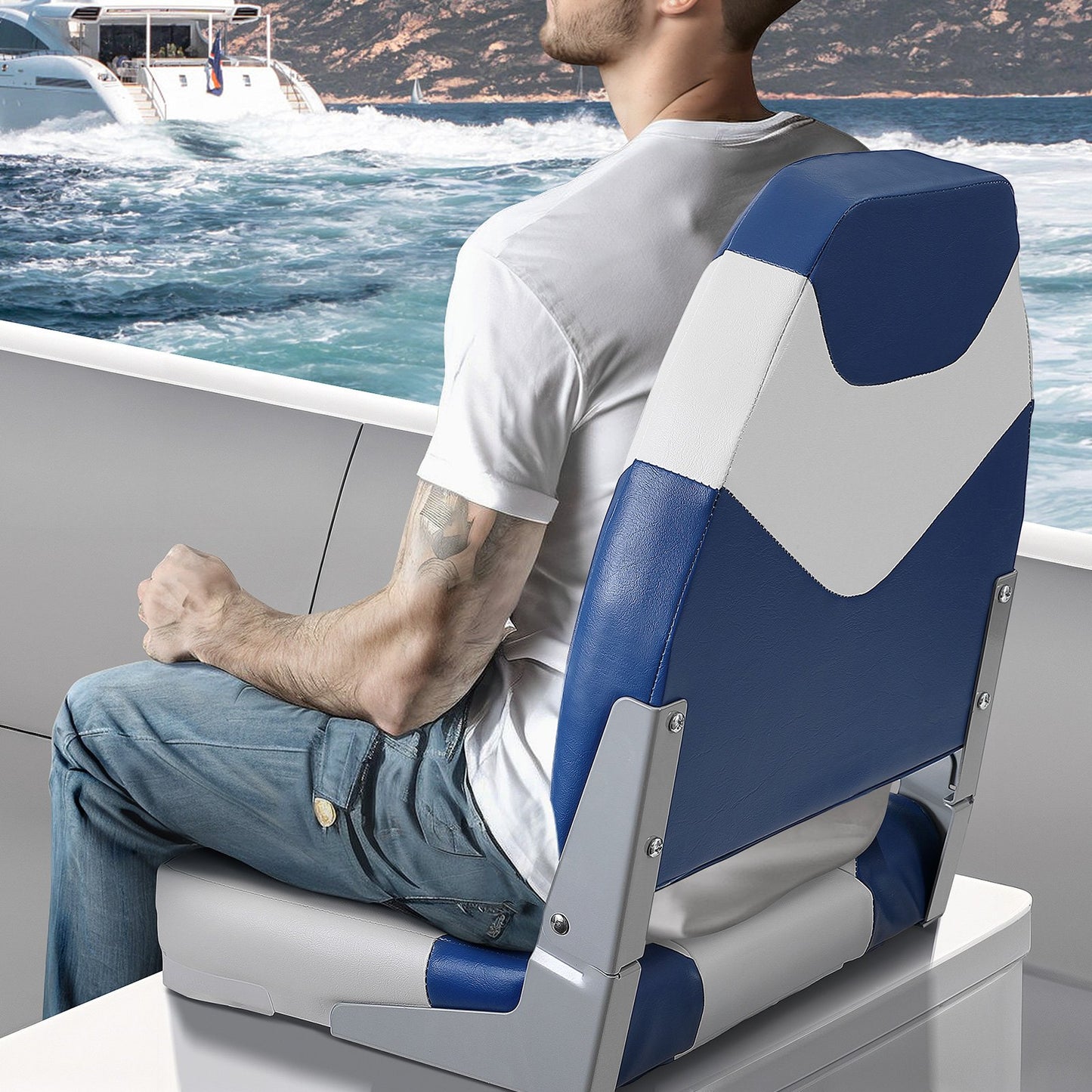 VEVOR Boat Seats, 555 mm High Back Boat Seat, Folding Boat Chair with Thickened Sponge Padding and Hinge, Fold-Down Boat Captain Chairs for Fishing Boat, Sightseeing Boat, Speedboat, Canoe, 2-Pack